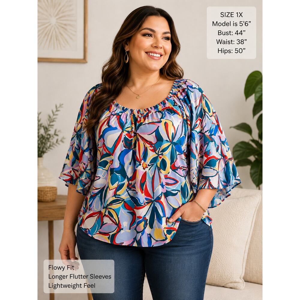 1X Abstract Boho Bell Sleeve Blouse Colorful Coastal Grandma Top